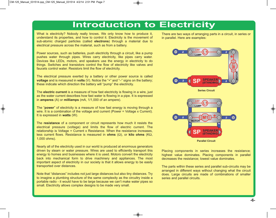 Introduction to electricity | Elenco Circuit Maker Skill Builder 125 User Manual | Page 7 / 64