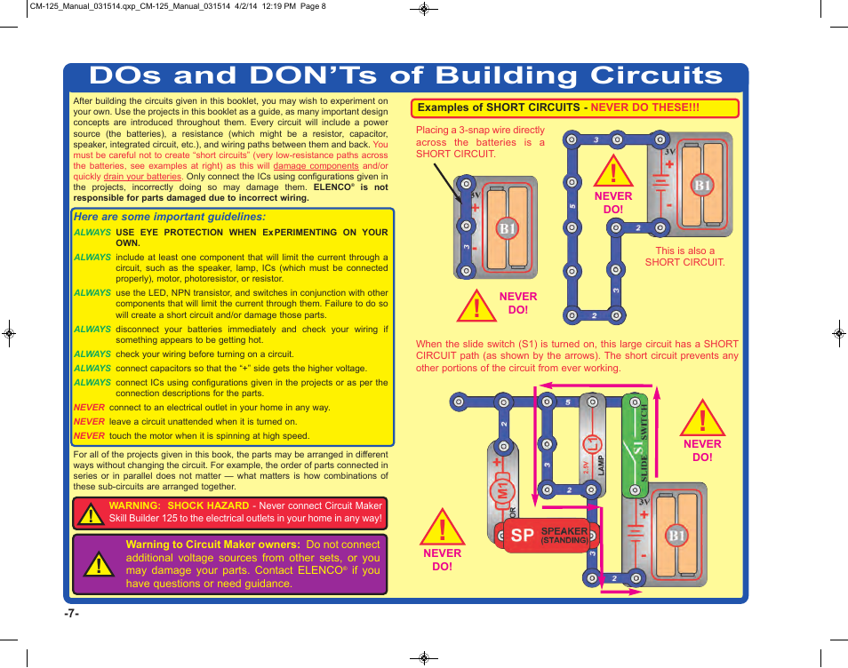 Dos and don’ts of building circuits | Elenco Circuit Maker Skill Builder 125 User Manual | Page 8 / 64