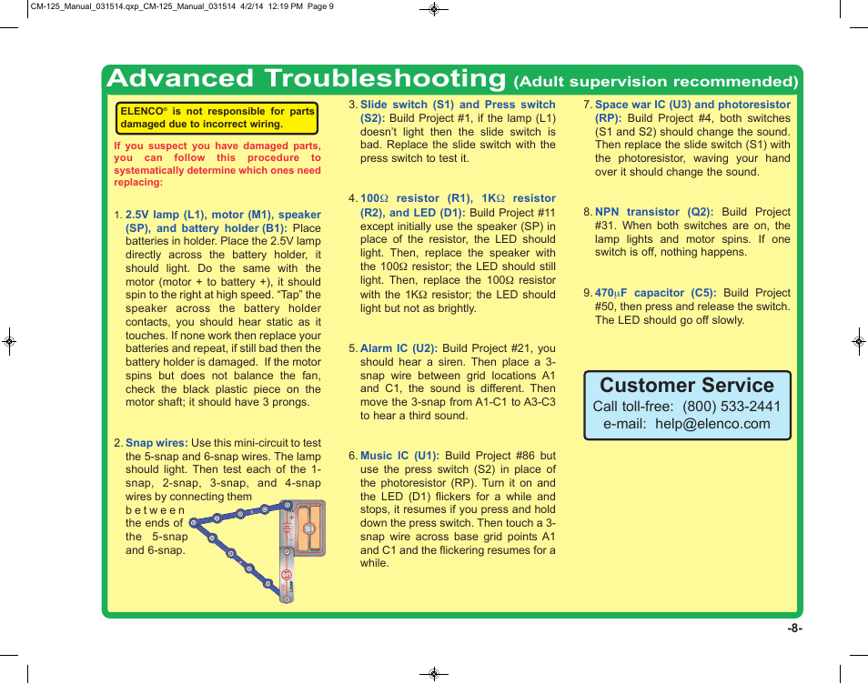 Advanced troubleshooting, Customer service | Elenco Circuit Maker Skill Builder 125 User Manual | Page 9 / 64