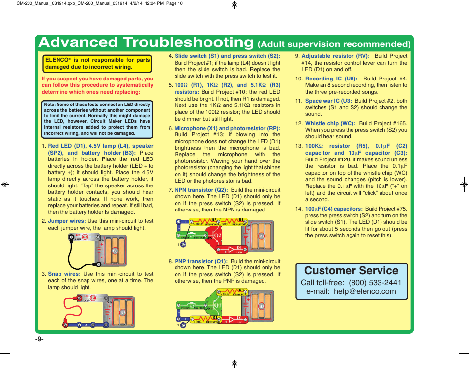 Advanced troubleshooting, Customer service, Adult supervision recommended) | Elenco Circuit Maker Sound Plus 200 User Manual | Page 10 / 80