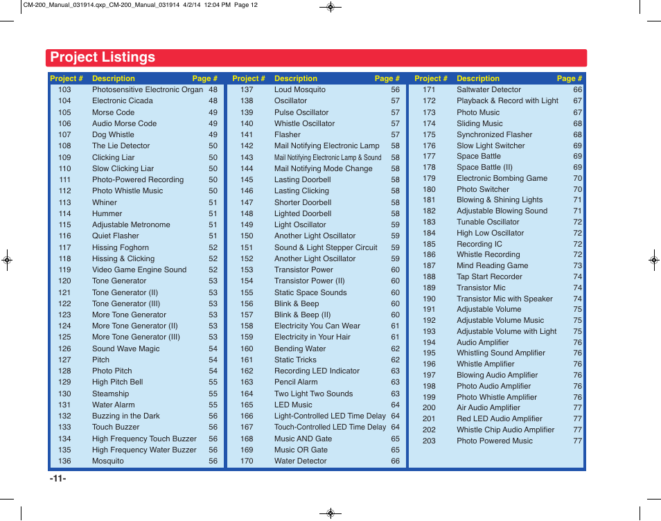 Project listings | Elenco Circuit Maker Sound Plus 200 User Manual | Page 12 / 80