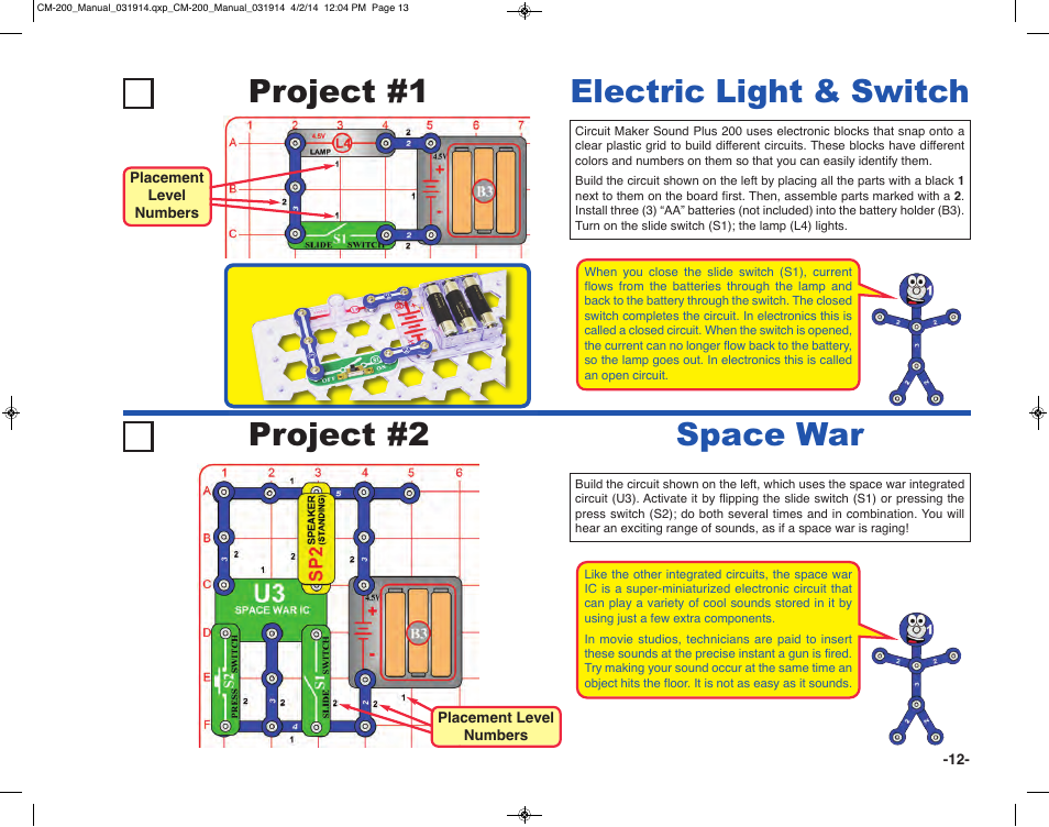 Project #1 electric light & switch, Project #2, Space war | Elenco Circuit Maker Sound Plus 200 User Manual | Page 13 / 80