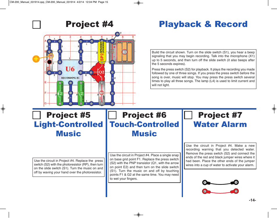 Project #4 playback & record, Project #5 light-controlled music, Project #6 touch-controlled music | Project #7 water alarm | Elenco Circuit Maker Sound Plus 200 User Manual | Page 15 / 80