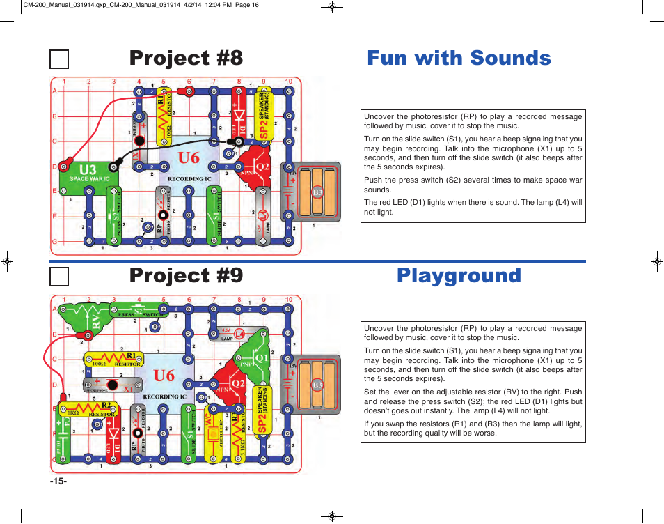 Project #9 playground project #8, Fun with sounds | Elenco Circuit Maker Sound Plus 200 User Manual | Page 16 / 80