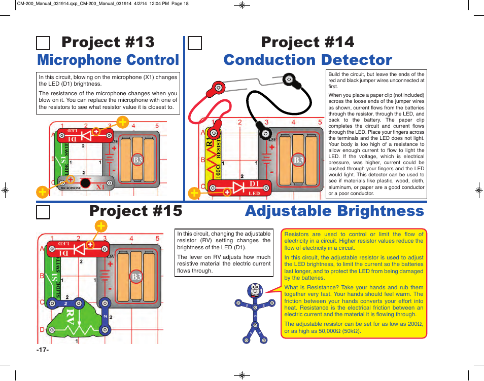 Project #15, Project #14 conduction detector | Elenco Circuit Maker Sound Plus 200 User Manual | Page 18 / 80