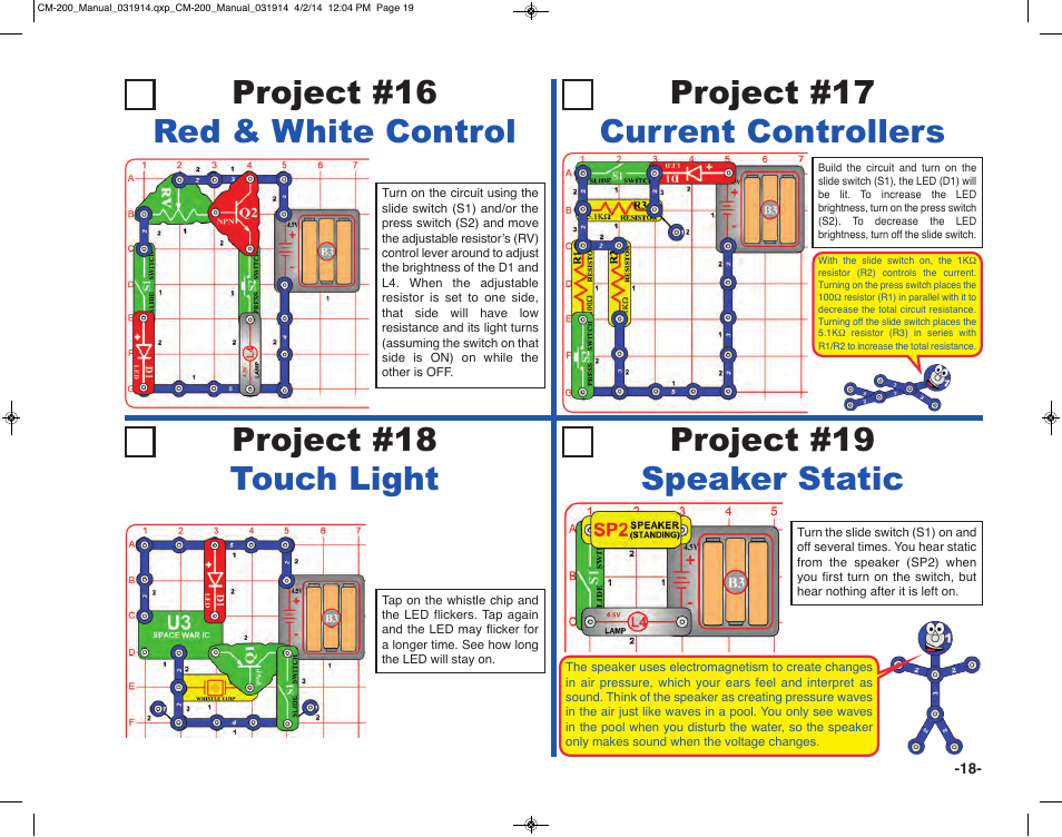 Project #18 touch light project #19 speaker static | Elenco Circuit Maker Sound Plus 200 User Manual | Page 19 / 80