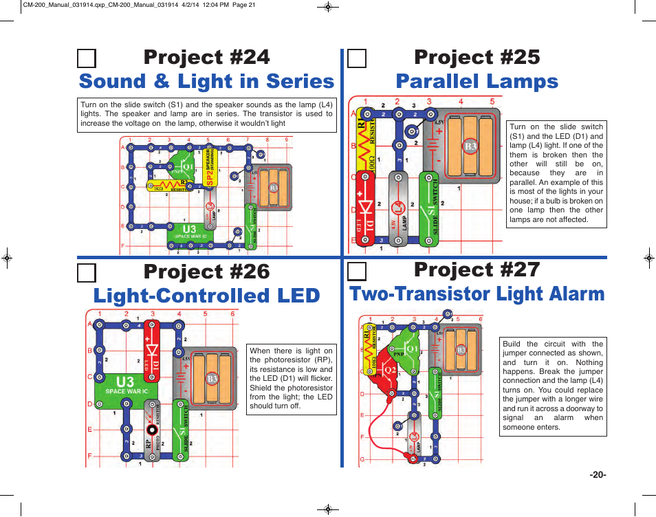 Project #25 parallel lamps, Project #27 two-transistor light alarm | Elenco Circuit Maker Sound Plus 200 User Manual | Page 21 / 80