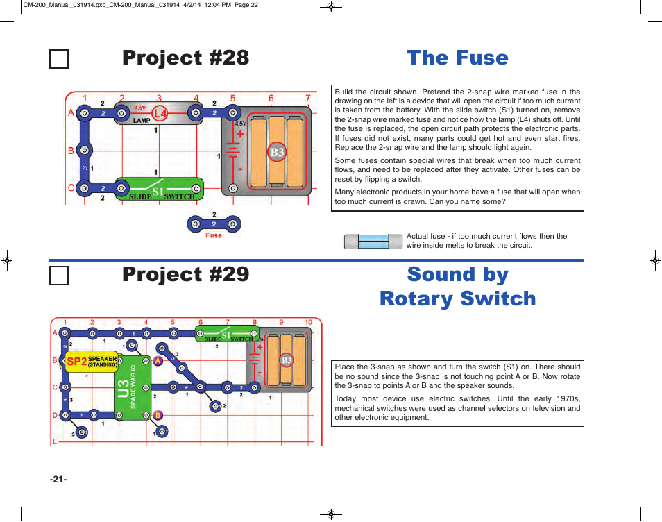 Project #29, The fuse project #28, Sound by rotary switch | Elenco Circuit Maker Sound Plus 200 User Manual | Page 22 / 80