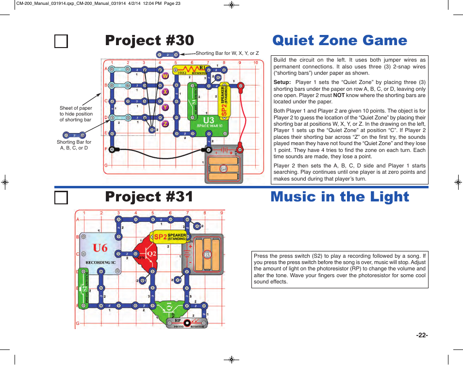 Project #31, Music in the light project #30, Quiet zone game | Elenco Circuit Maker Sound Plus 200 User Manual | Page 23 / 80