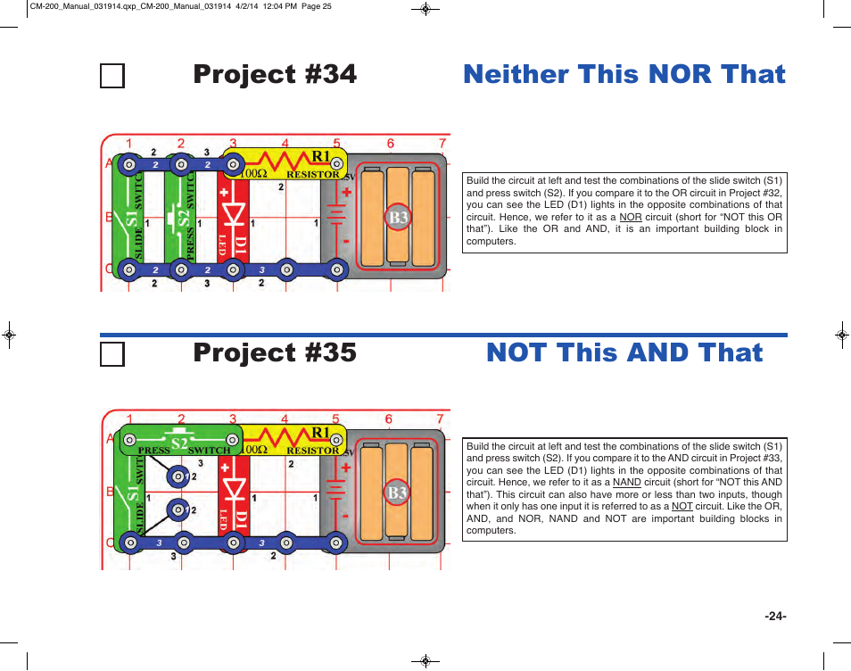 Project #34, Neither this nor that project #35, Not this and that | Elenco Circuit Maker Sound Plus 200 User Manual | Page 25 / 80