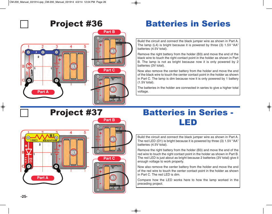 Project #36, Batteries in series, Batteries in series - led project #37 | Elenco Circuit Maker Sound Plus 200 User Manual | Page 26 / 80