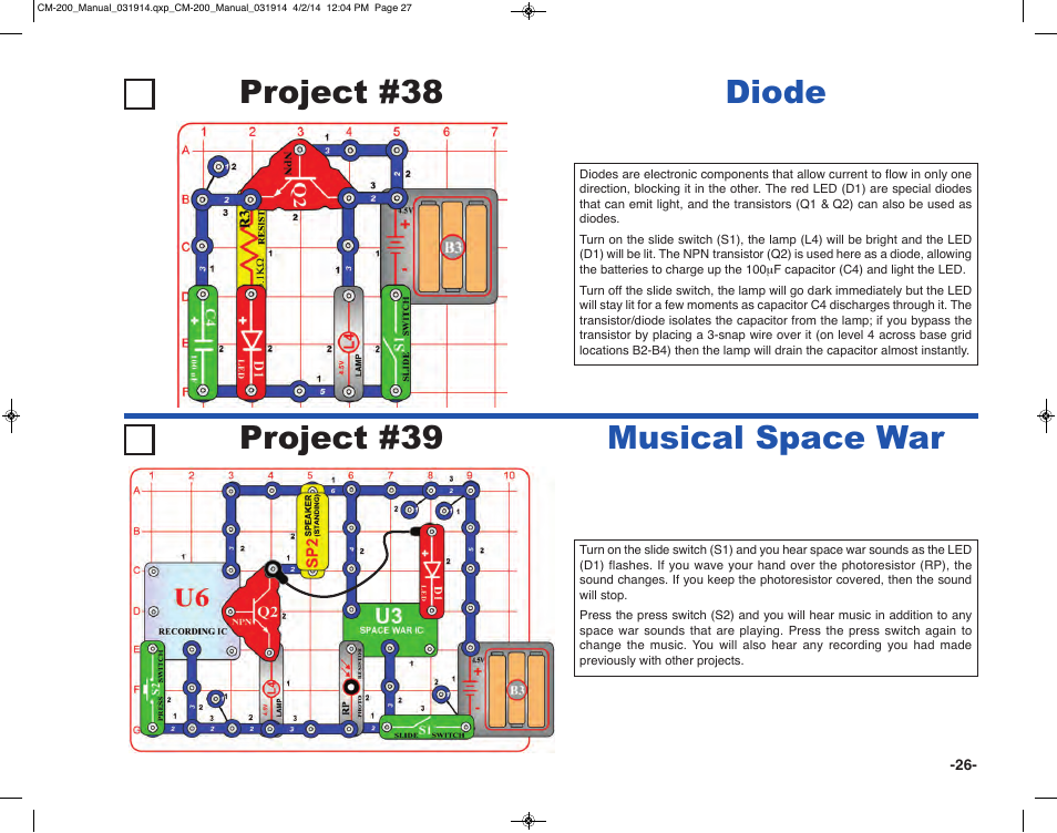 Project #38, Diode project #39, Musical space war | Elenco Circuit Maker Sound Plus 200 User Manual | Page 27 / 80