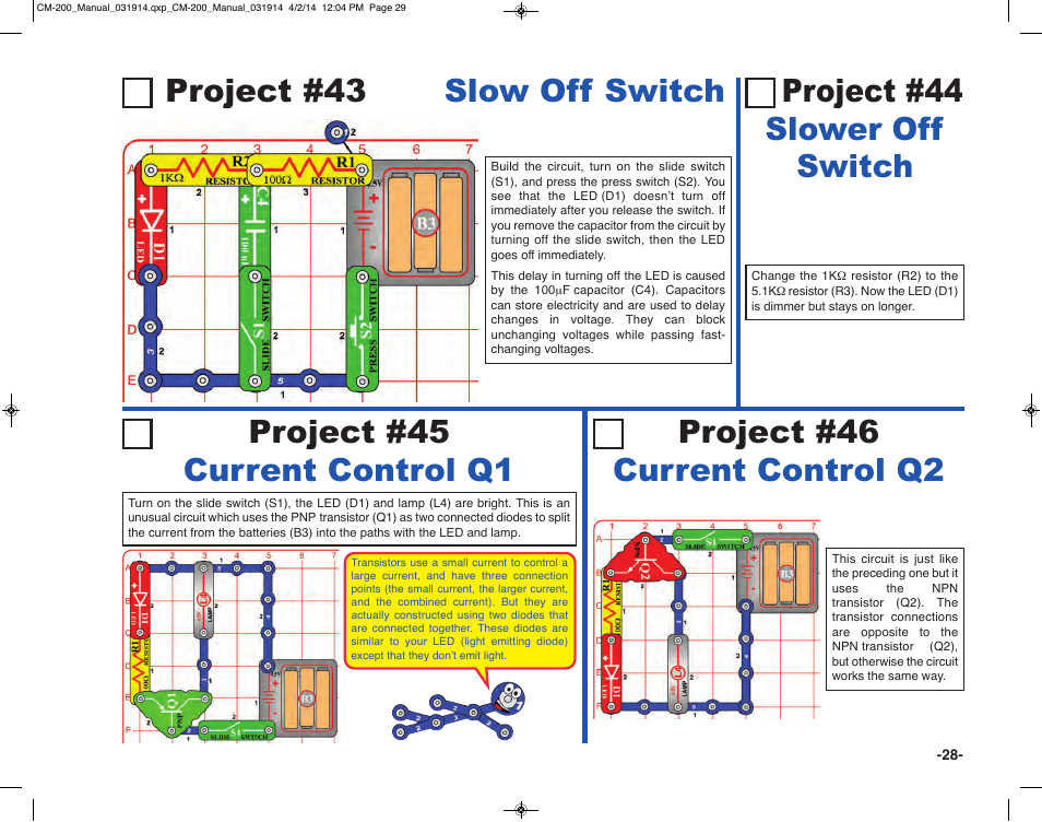 Project #43, Project #44 slower off switch | Elenco Circuit Maker Sound Plus 200 User Manual | Page 29 / 80