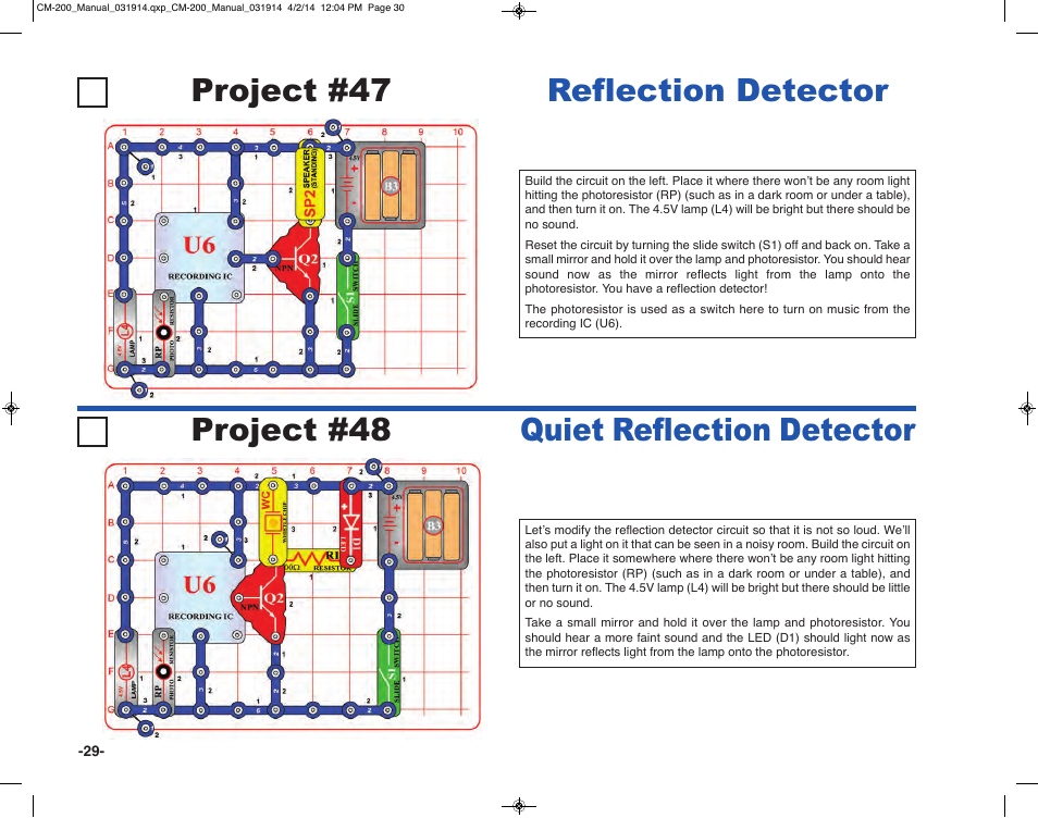 Project #47, Reflection detector project #48, Quiet reflection detector | Elenco Circuit Maker Sound Plus 200 User Manual | Page 30 / 80