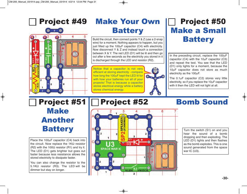 Project #49 project #51 make another battery, Make your own battery, Project #50 make a small battery | Project #52 bomb sound | Elenco Circuit Maker Sound Plus 200 User Manual | Page 31 / 80