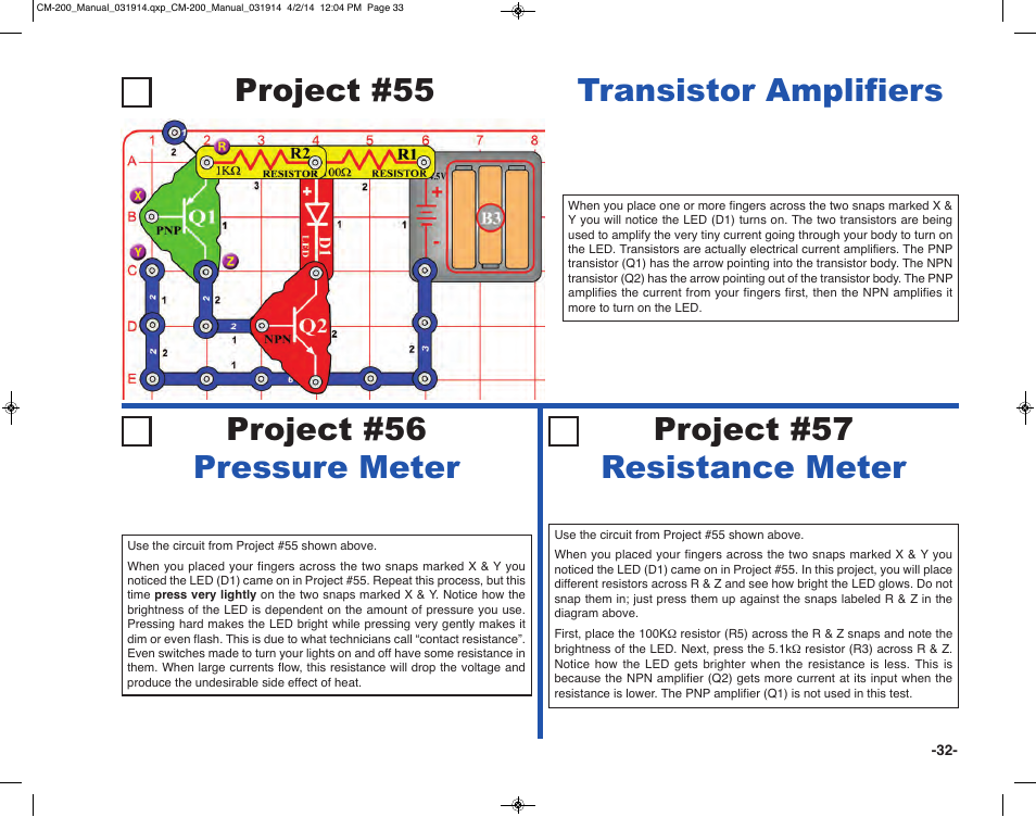 Project #55 transistor amplifiers | Elenco Circuit Maker Sound Plus 200 User Manual | Page 33 / 80