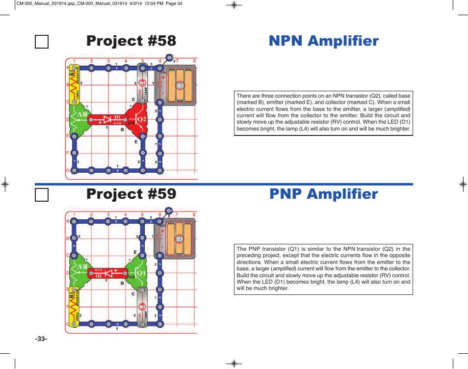 Project #58, Npn amplifier project #59, Pnp amplifier | Elenco Circuit Maker Sound Plus 200 User Manual | Page 34 / 80