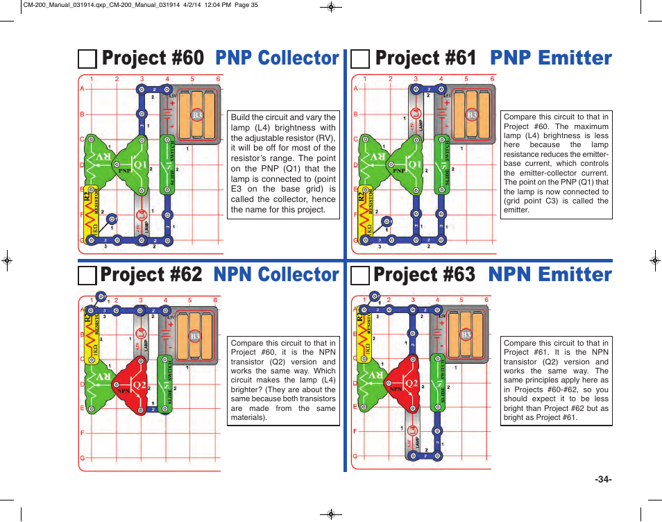 Project #63 npn emitter project #62 npn collector, Project #60 pnp collector project #61 pnp emitter | Elenco Circuit Maker Sound Plus 200 User Manual | Page 35 / 80