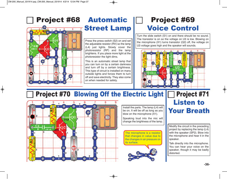 Project #68, Automatic street lamp project #69 voice control, Project #70 blowing off the electric light | Project #71 listen to your breath | Elenco Circuit Maker Sound Plus 200 User Manual | Page 37 / 80