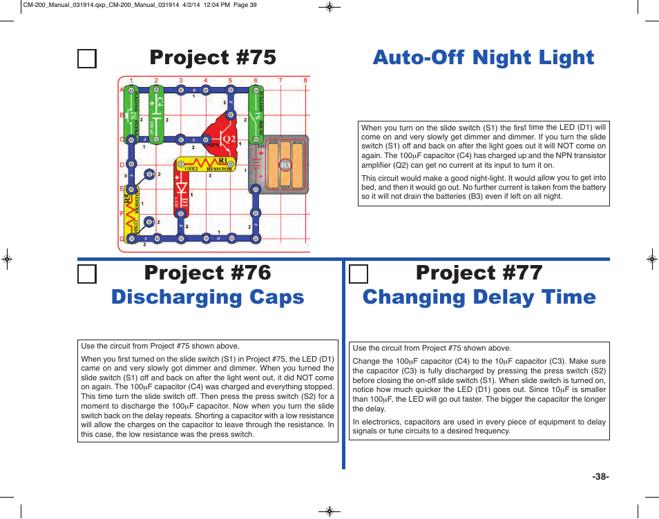 Project #75 auto-off night light | Elenco Circuit Maker Sound Plus 200 User Manual | Page 39 / 80