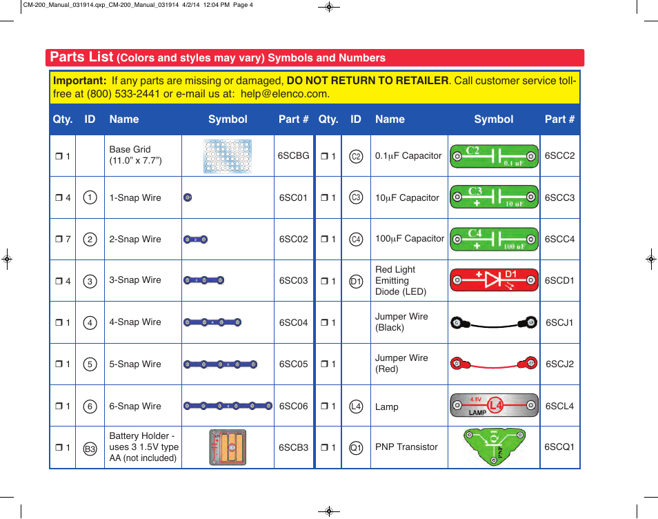 Parts list | Elenco Circuit Maker Sound Plus 200 User Manual | Page 4 / 80