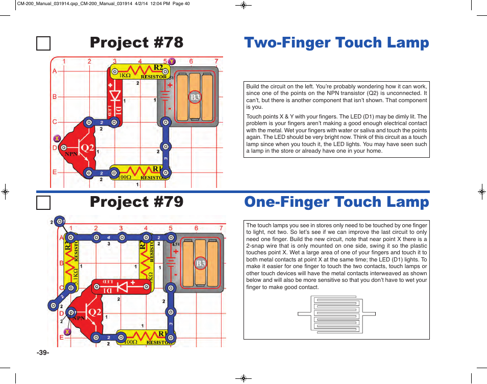 Project #78, Two-finger touch lamp project #79, One-finger touch lamp | Elenco Circuit Maker Sound Plus 200 User Manual | Page 40 / 80