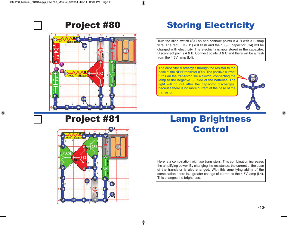 Project #81, Project #80 storing electricity, Lamp brightness control | Elenco Circuit Maker Sound Plus 200 User Manual | Page 41 / 80