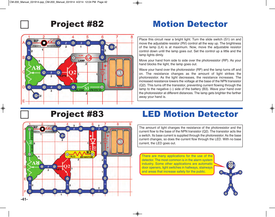 Project #82, Motion detector project #83, Led motion detector | Elenco Circuit Maker Sound Plus 200 User Manual | Page 42 / 80