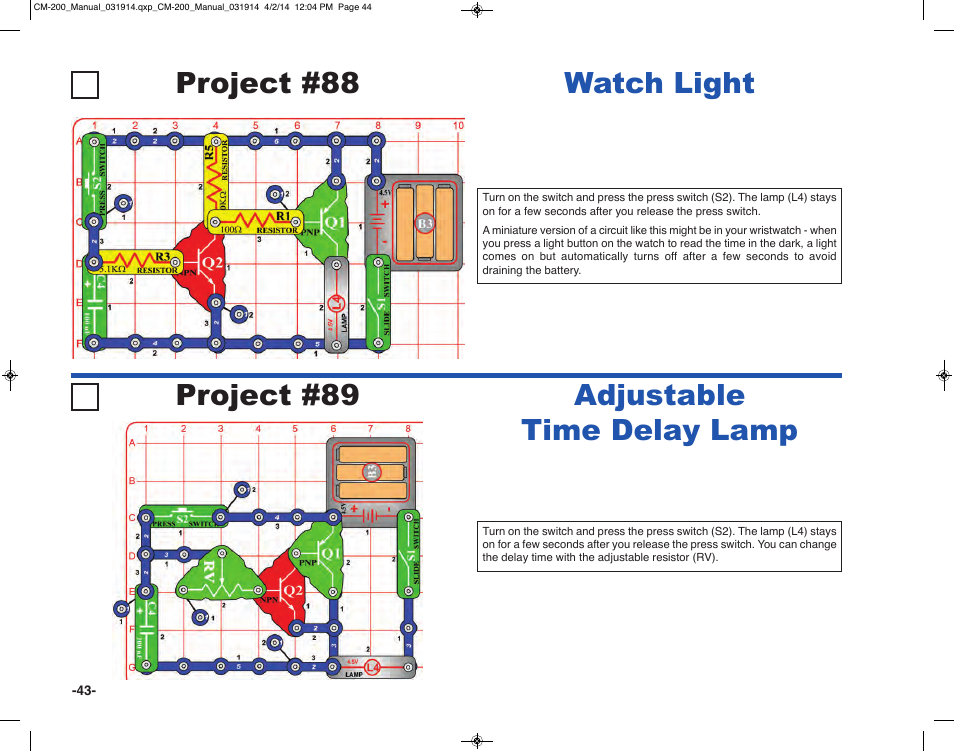 Project #89 project #88, Watch light adjustable time delay lamp | Elenco Circuit Maker Sound Plus 200 User Manual | Page 44 / 80