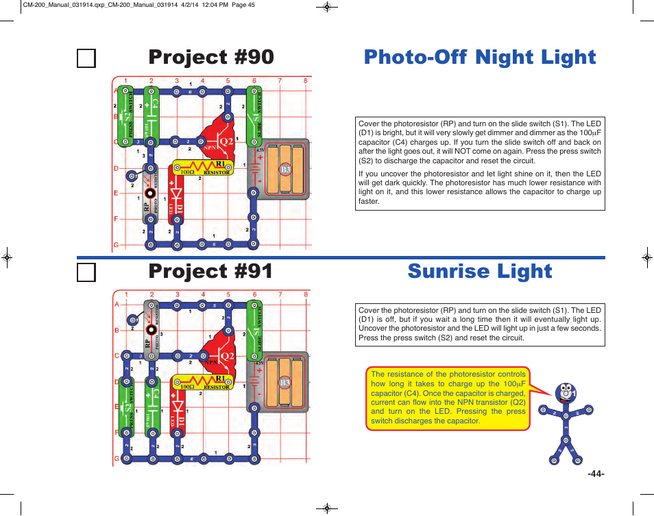 Project #90, Photo-off night light project #91 sunrise light | Elenco Circuit Maker Sound Plus 200 User Manual | Page 45 / 80