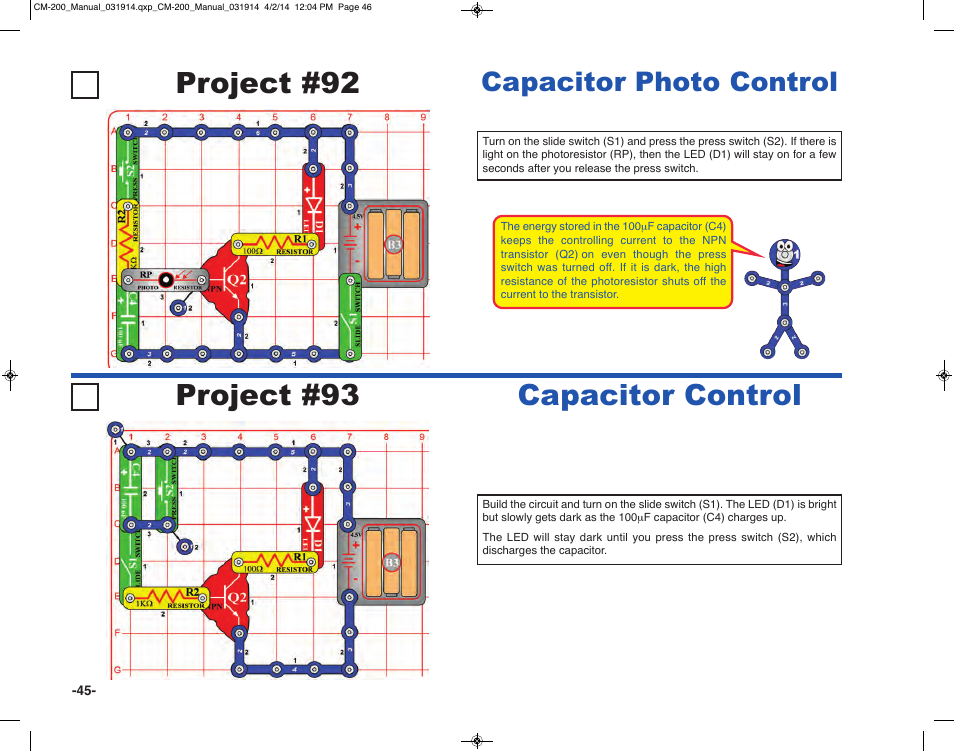 Project #92, Project #93 capacitor control, Capacitor photo control | Elenco Circuit Maker Sound Plus 200 User Manual | Page 46 / 80