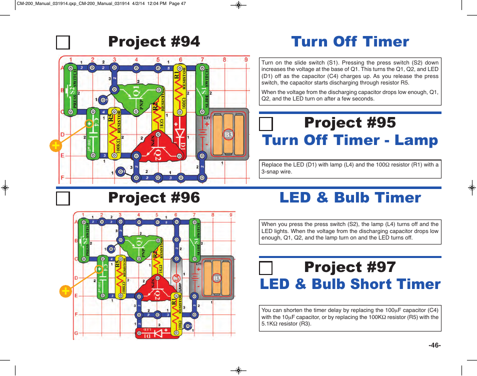 Led & bulb timer, Project #96, Project #97 led & bulb short timer | Elenco Circuit Maker Sound Plus 200 User Manual | Page 47 / 80