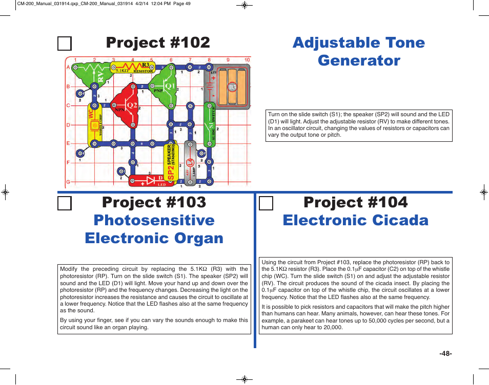 Project #102, Project #103 photosensitive electronic organ | Elenco Circuit Maker Sound Plus 200 User Manual | Page 49 / 80