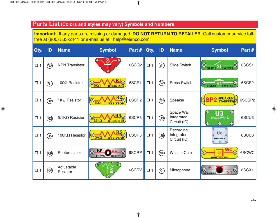 Parts list | Elenco Circuit Maker Sound Plus 200 User Manual | Page 5 / 80