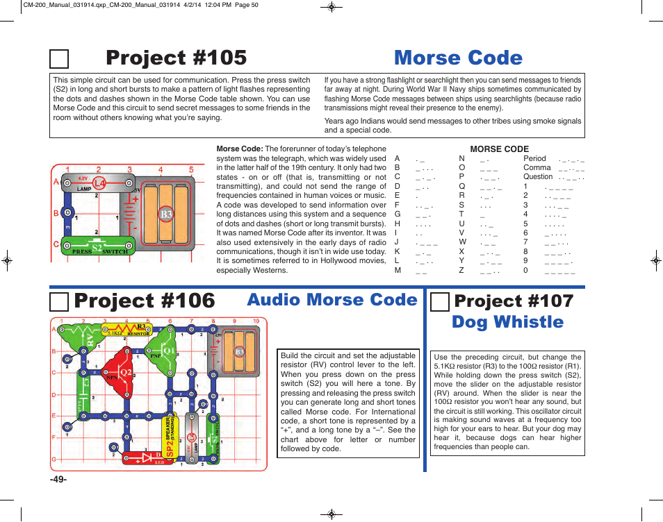 Project #106, Project #105 morse code, Audio morse code | Project #107 dog whistle | Elenco Circuit Maker Sound Plus 200 User Manual | Page 50 / 80