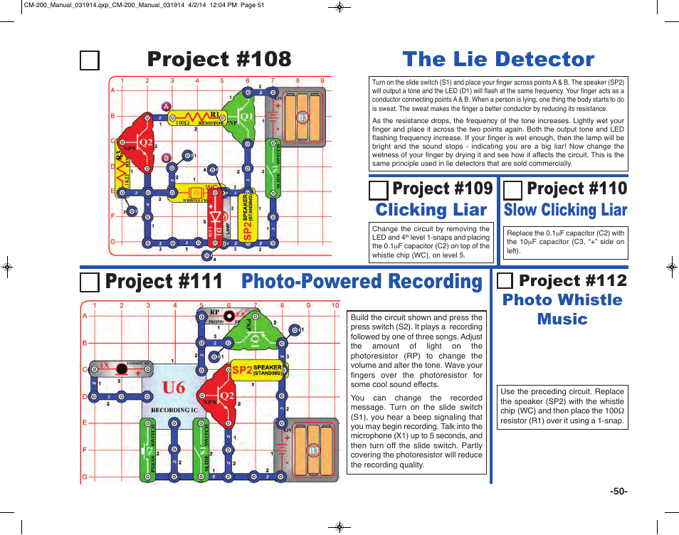 Project #108, The lie detector, Project #111 photo-powered recording | Project #109 clicking liar, Project #110 slow clicking liar, Project #112 photo whistle music | Elenco Circuit Maker Sound Plus 200 User Manual | Page 51 / 80