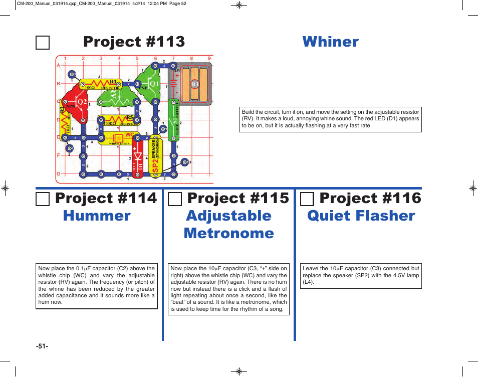 Project #115 adjustable metronome, Project #116 quiet flasher | Elenco Circuit Maker Sound Plus 200 User Manual | Page 52 / 80