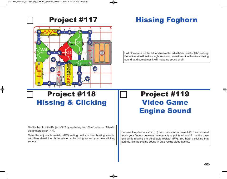 Project #119 video game engine sound | Elenco Circuit Maker Sound Plus 200 User Manual | Page 53 / 80