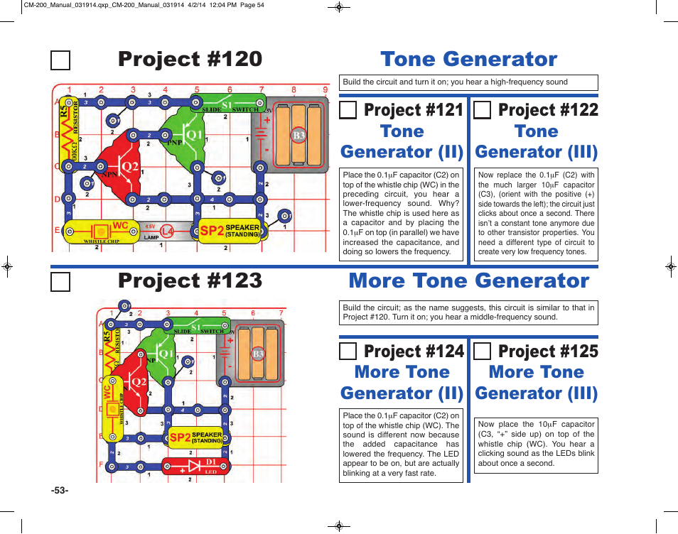 Project #120 tone generator, Project #123 more tone generator, Project #121 tone generator (ii) | Project #122 tone generator (iii) | Elenco Circuit Maker Sound Plus 200 User Manual | Page 54 / 80