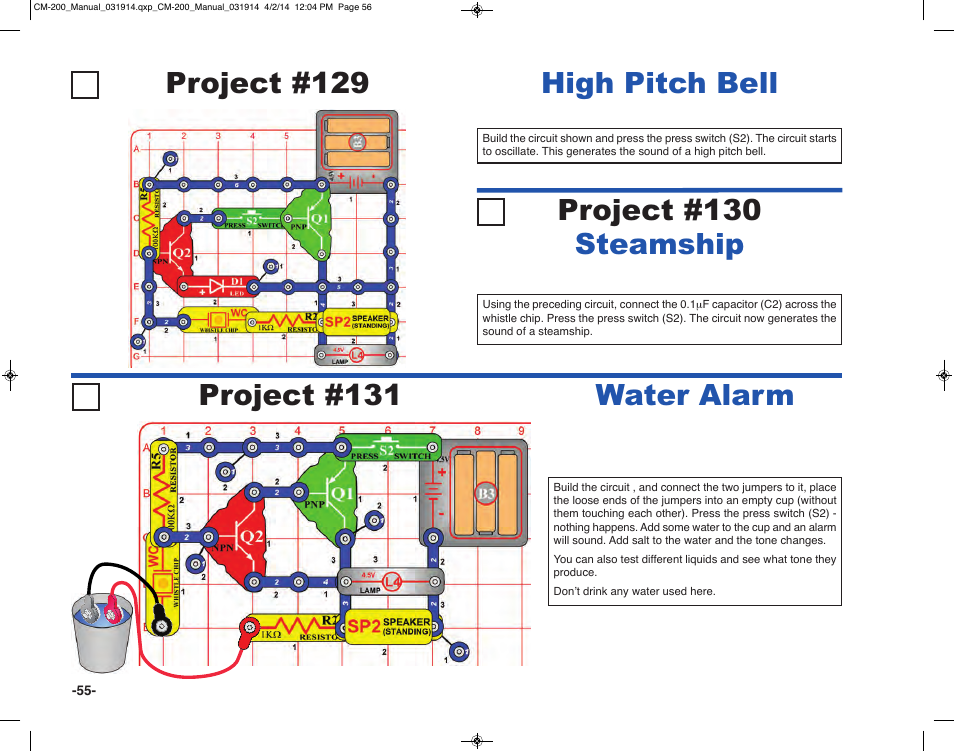 Project #130 steamship, Water alarm | Elenco Circuit Maker Sound Plus 200 User Manual | Page 56 / 80