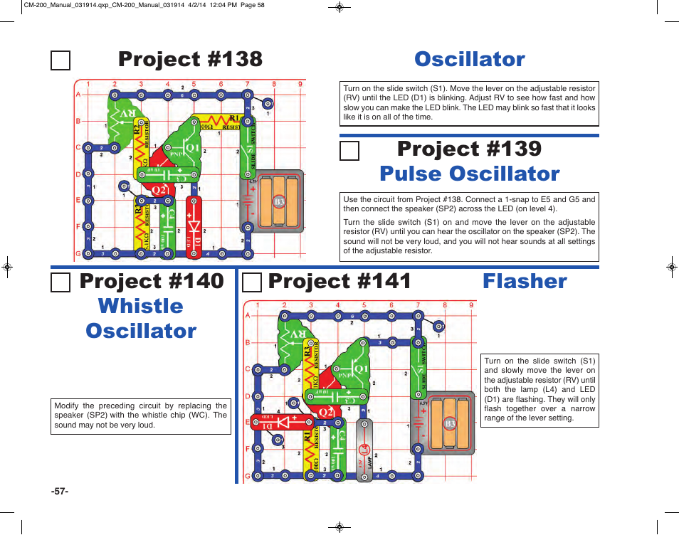 Project #140 whistle oscillator, Project #139 pulse oscillator | Elenco Circuit Maker Sound Plus 200 User Manual | Page 58 / 80