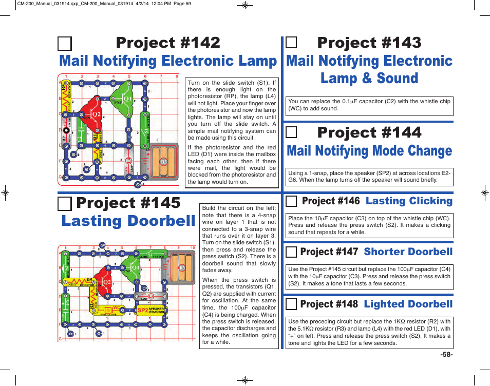 Project #142 mail notifying electronic lamp, Project #145 lasting doorbell, Project #144 mail notifying mode change | Project #146 lasting clicking, Project #147 shorter doorbell, Project #148 lighted doorbell | Elenco Circuit Maker Sound Plus 200 User Manual | Page 59 / 80