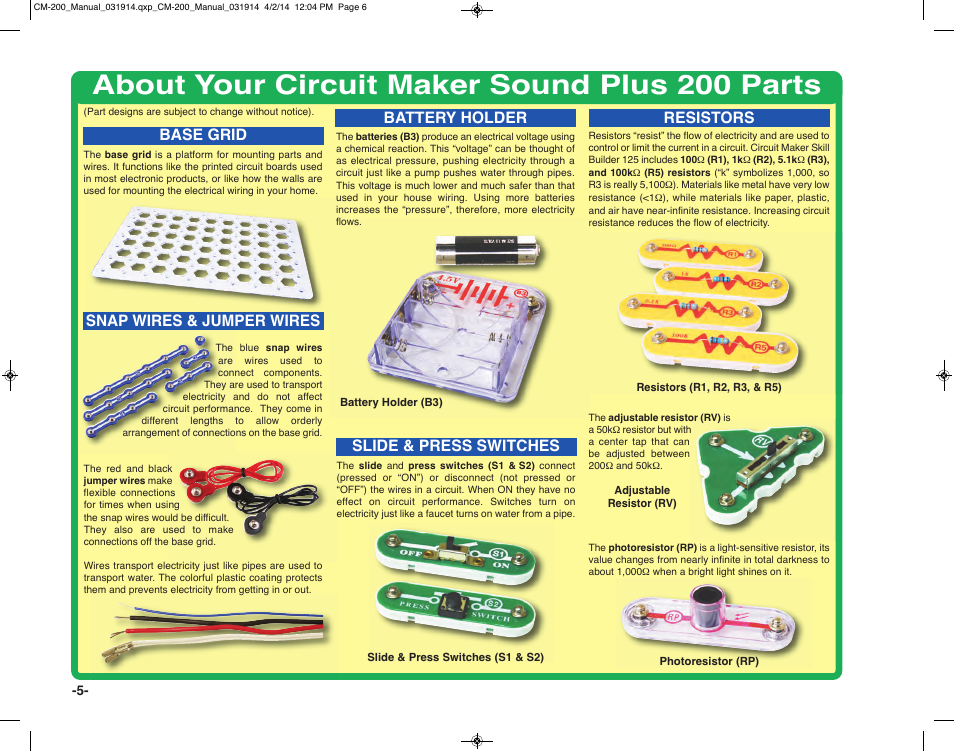 About your circuit maker sound plus 200 parts, Resistors, Base grid | Battery holder, Snap wires & jumper wires, Slide & press switches | Elenco Circuit Maker Sound Plus 200 User Manual | Page 6 / 80