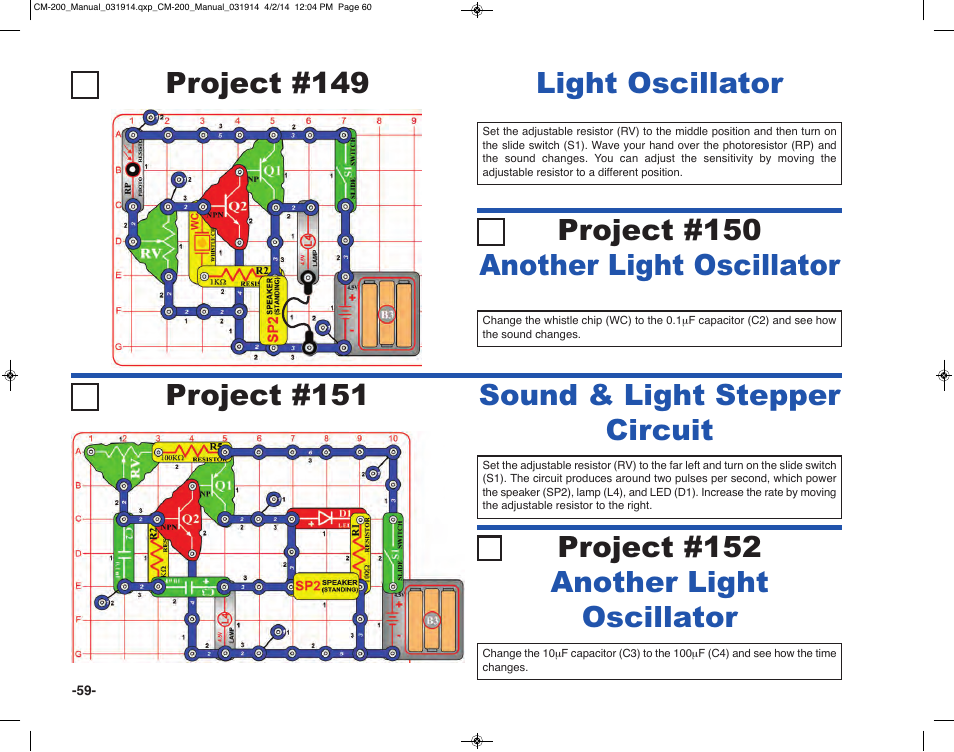 Project #149, Light oscillator project #151, Sound & light stepper circuit | Elenco Circuit Maker Sound Plus 200 User Manual | Page 60 / 80