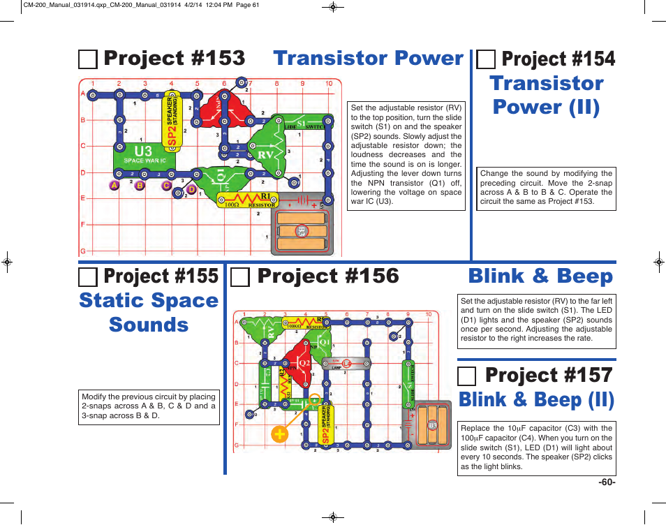 Project #156 blink & beep, Project #157 blink & beep (ii), Project #154 transistor power (ii) | Elenco Circuit Maker Sound Plus 200 User Manual | Page 61 / 80