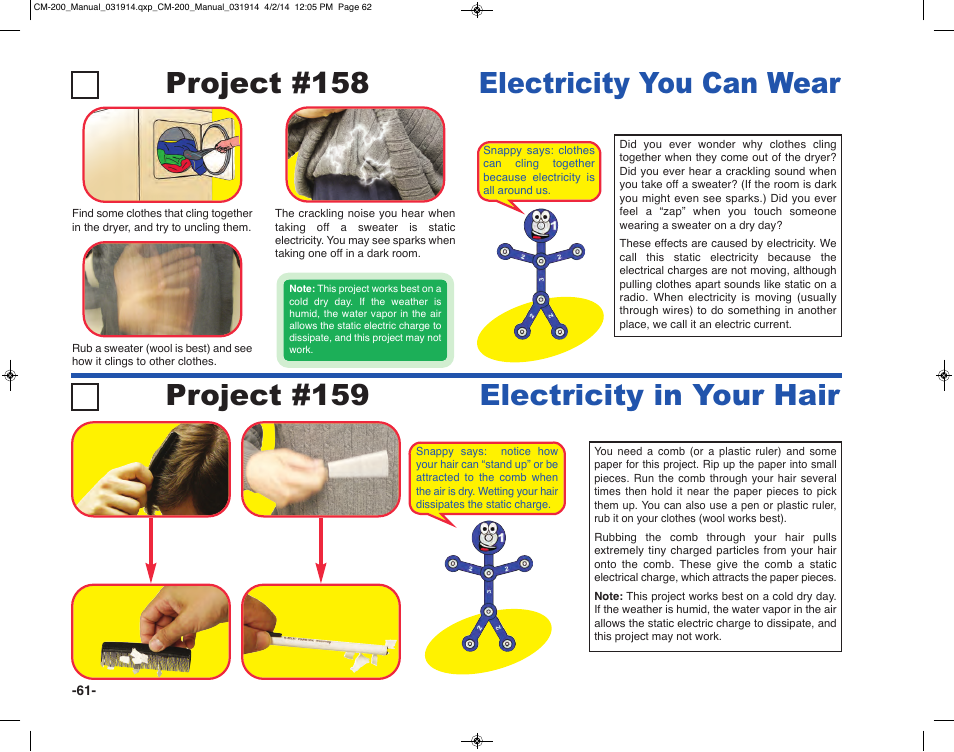 Project #158 electricity you can wear, Project #159 electricity in your hair | Elenco Circuit Maker Sound Plus 200 User Manual | Page 62 / 80