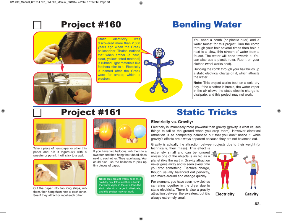 Project #160 bending water, Project #161 static tricks | Elenco Circuit Maker Sound Plus 200 User Manual | Page 63 / 80