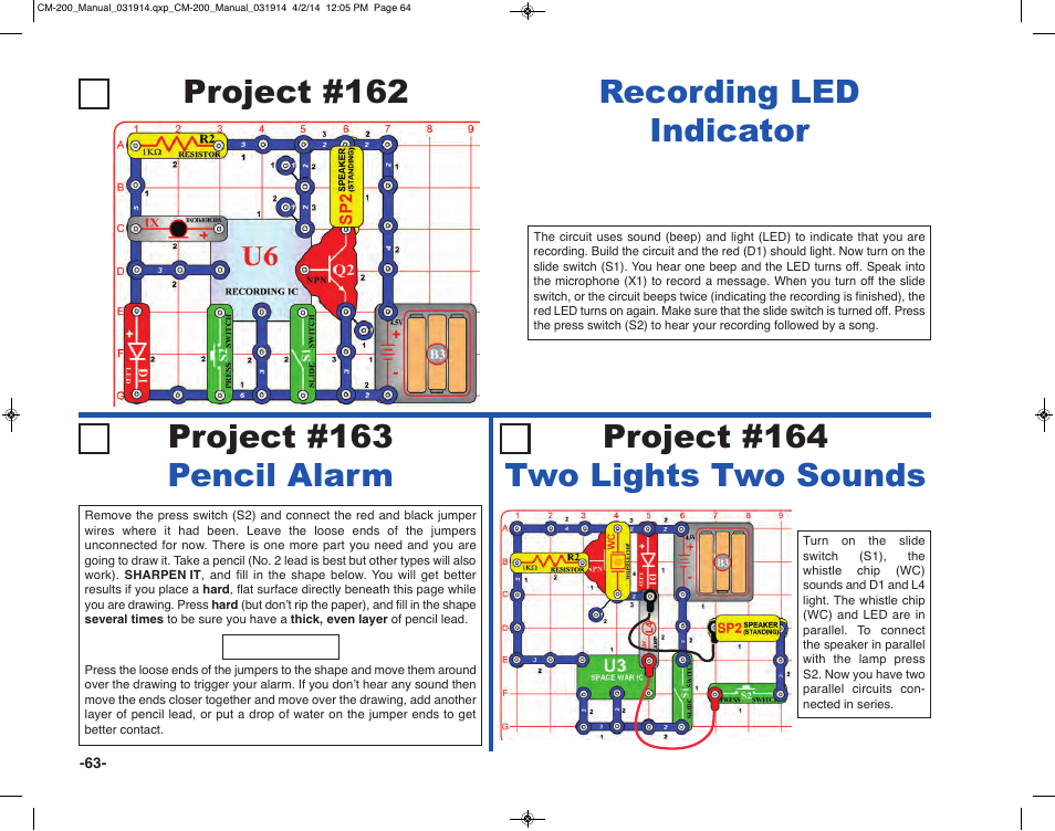 Project #162 recording led indicator, Project #163 pencil alarm, Project #164 two lights two sounds | Elenco Circuit Maker Sound Plus 200 User Manual | Page 64 / 80