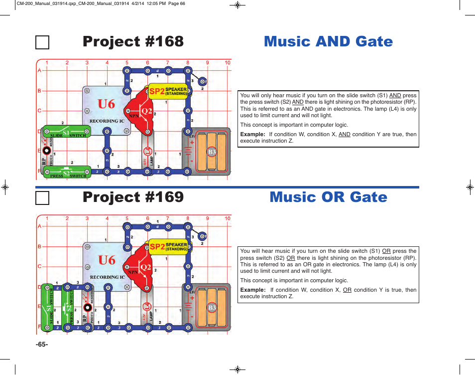 Music and gate, Music or gate | Elenco Circuit Maker Sound Plus 200 User Manual | Page 66 / 80