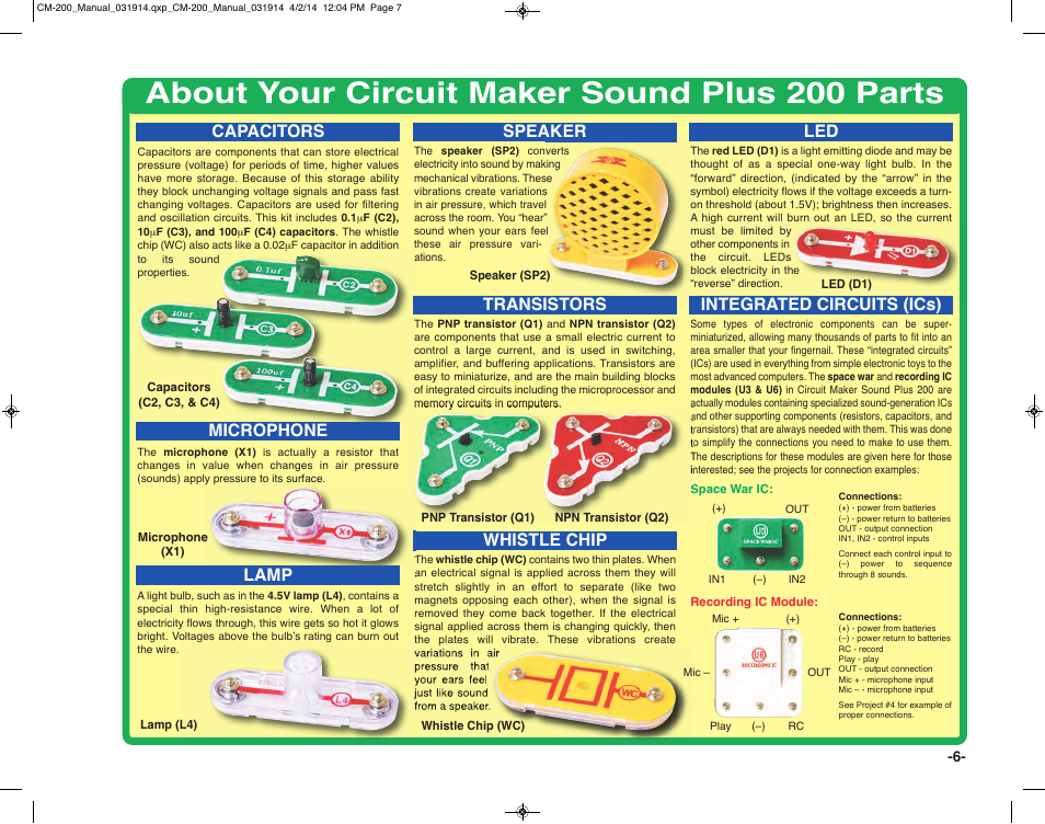 About your circuit maker sound plus 200 parts, Speaker whistle chip, Capacitors | Microphone lamp, Transistors, Integrated circuits (ics) | Elenco Circuit Maker Sound Plus 200 User Manual | Page 7 / 80